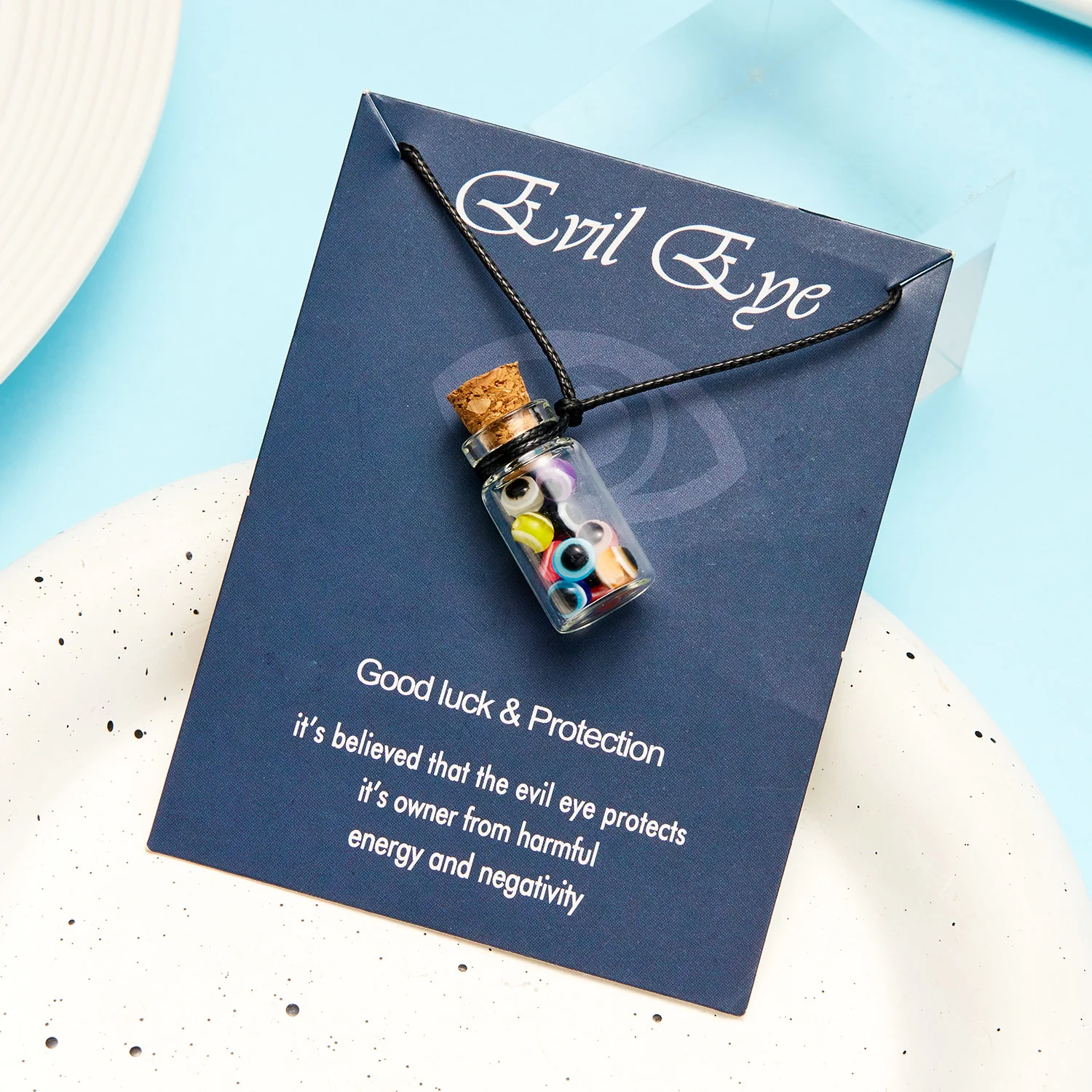 Rinhoo Lucky Sign Evil Eye Necklaces Glass Bottle Blue Eye Beads Pendant Wax Rope Handmade Card Necklace Women Men Jewelry Gift