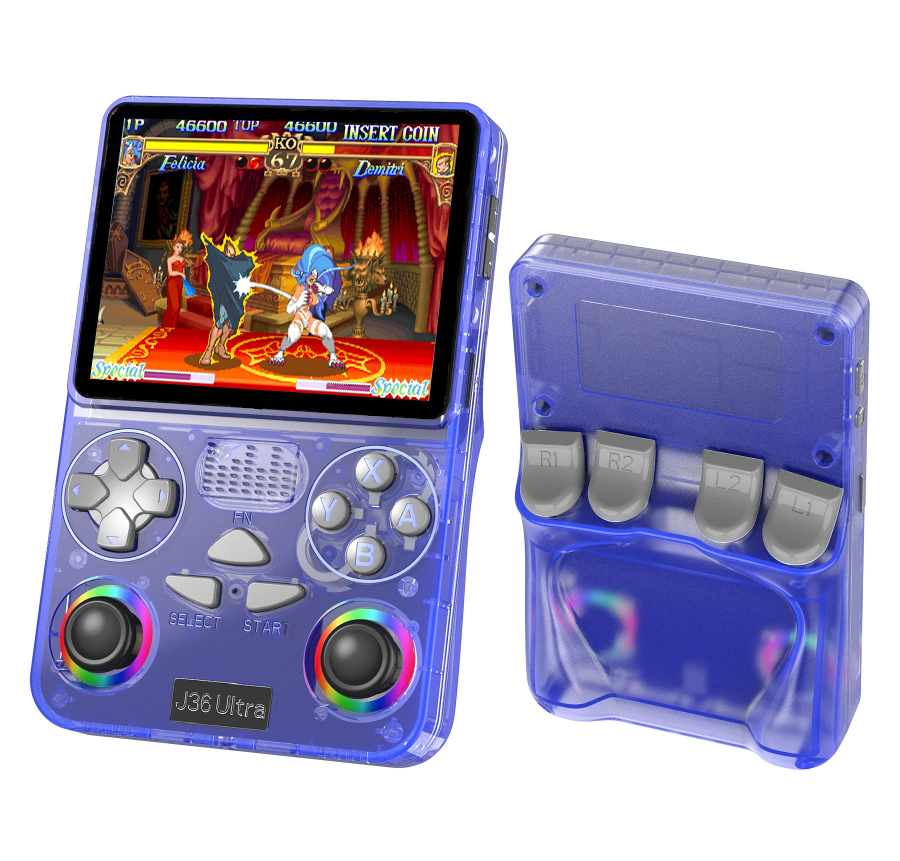 J36 울트라 휴대용 게임 콘솔 3.5 인치 IPS 화면 레트로 휴대용 비디오 플레이어 64GB 128GB 클래식 TV 게임 시스템