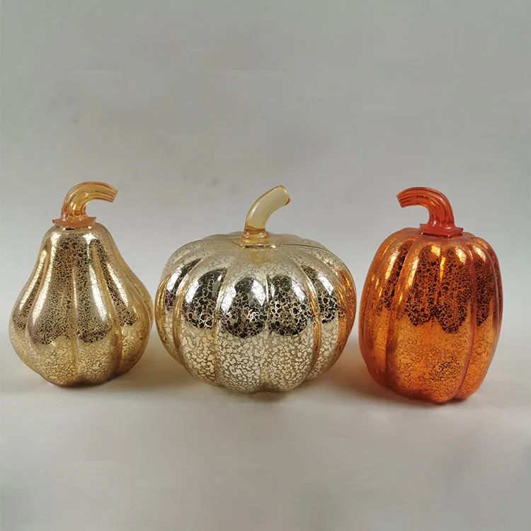 Custom home decor halloween decorative led hand blown glass pumpkins gold mercury glass pumpkin lights up decorations indoor