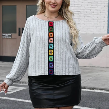 Wholesale Mock Crochet Patchwork Tops Plus Size Floral Mesh Round Neck Tops Fall Long Sleeve T-Shirts