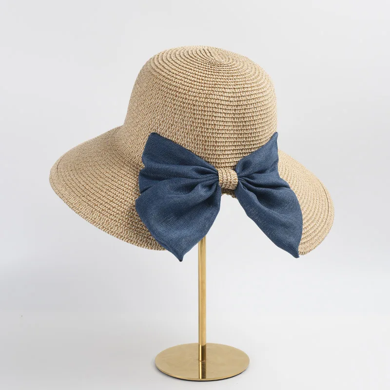 Japanese Split Bow Wide Brim Straw Hats Customized Women Summer Outing Holiday Beach Hat Uv Sun