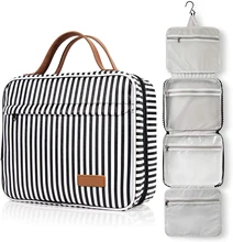 Large Capacity 4 Compartments Canvas Striped Hanging Cosmetic Makeup Organizer Women Toiletry Travel Bag