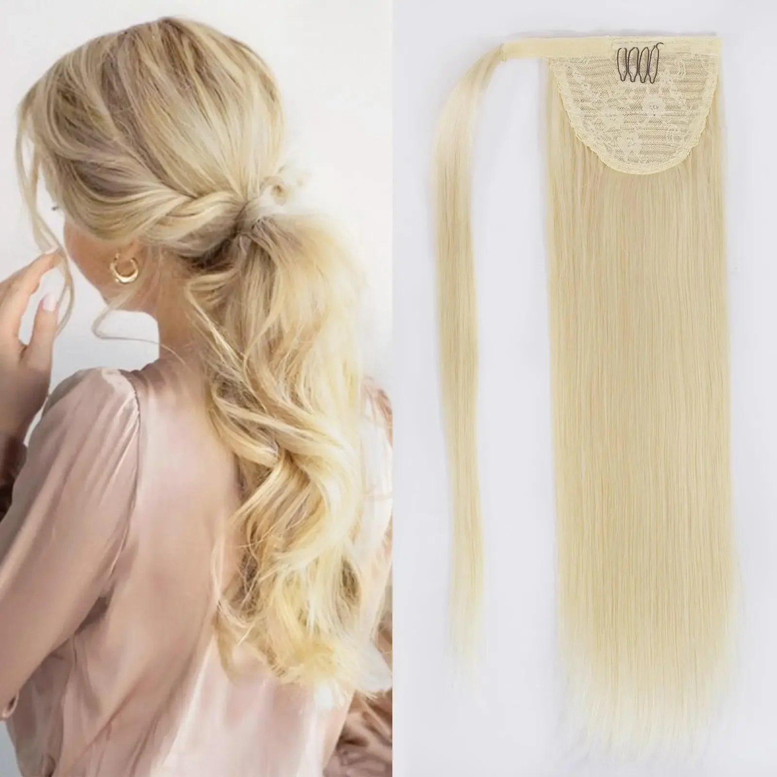 Straight Ponytail Human Hair Extensions 613 Blonde Color Wrap Around Clip in Hairpiece For Women_voghion.com