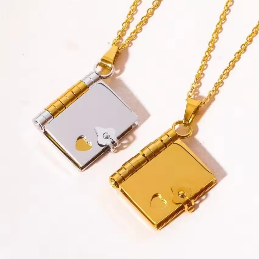 Personalized Book Pendant Necklace Customized Engraved Name Love Book Pendants Stainless Steel  Necklace