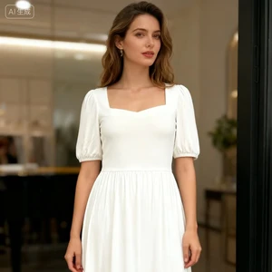 Elegant Women's Knee-Length Casual Dress - Square Collar Lantern Sleeve Elastic Waist Pleated Spandex Rayon Breathable Dress