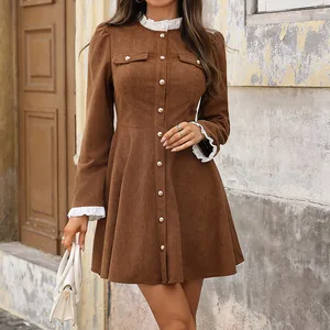 Autumn retro and elegant mini ear-trimmed corduroy long-sleeved dress