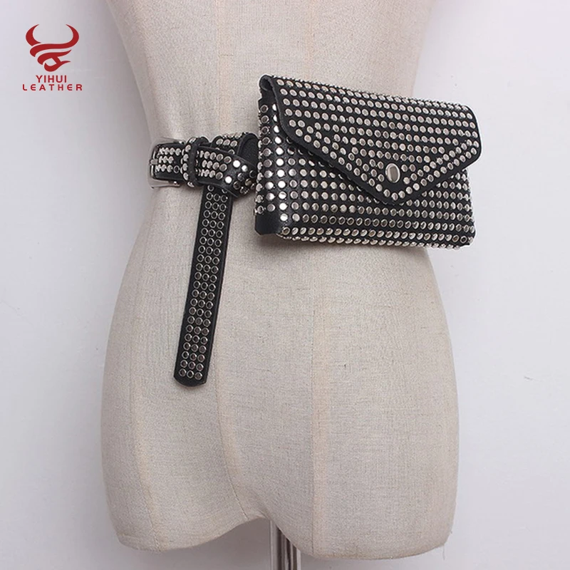 Fashion rivets waist mini punk pouch leather lady belt bag waist mobile phone bag belt