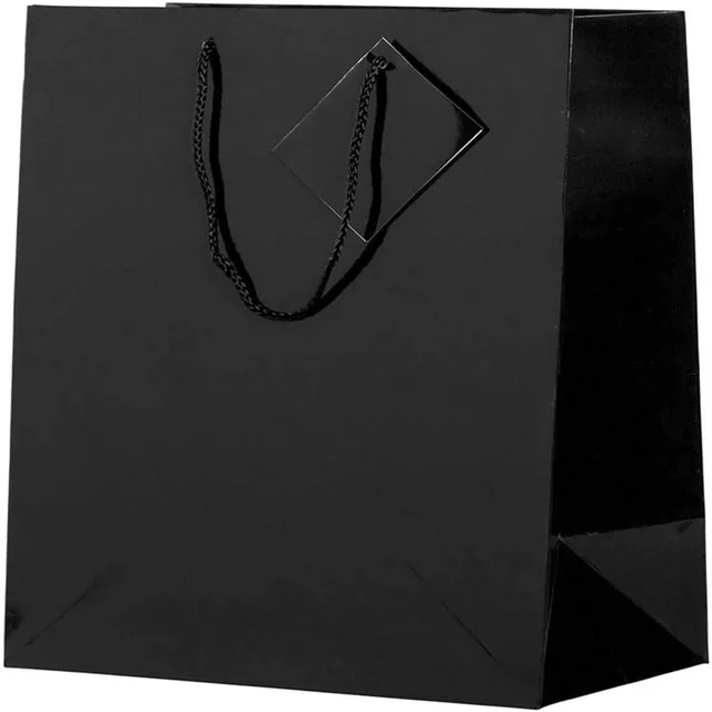 Accept Custom Order Paper Glossy Gift Bags with Rope Handles - Large - 10 x 13 - Black