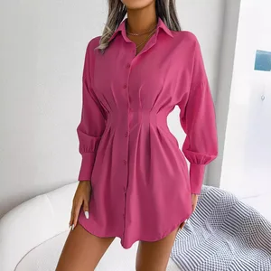 Wholesale Women's Clothing Solid Color Lantern Sleeve Casual Dress Summer Dress Women's Elegant Dress