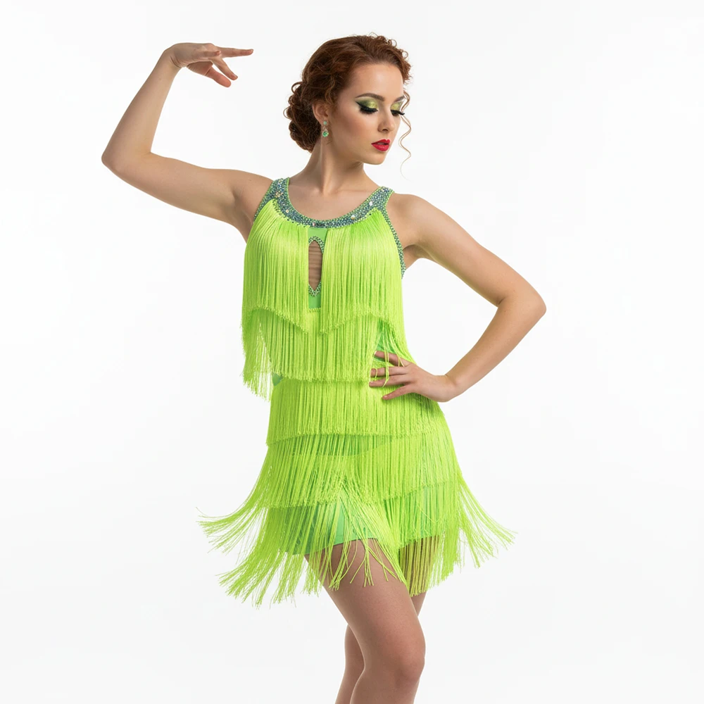 green latin dance dress Ladies Salsa Cha Cha Performance Costume Neon Ballroom Fringe Skirt Keyhole Cutout Stage Wear promo_price_40-60