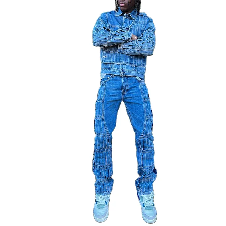 Salati New Arrival Fashion Washed Printing Denim Jacket Set Blue Jeans Pants Sets Streetwear Custom Two Piece Jeans Suit for Men gallery 8