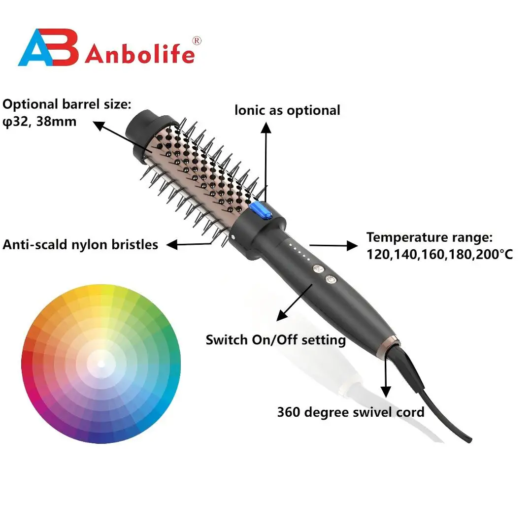 ANBOLIFE 2 in 1 Heated Round Hot Air Brush with 15s Fast PTC Heating and 32/38mm Barrel for Volumizing and Straightening Hair