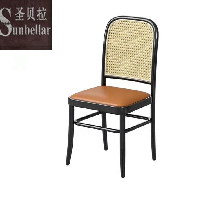 Nordic newest modern bar chair wooden leather seat rattan webbing cane backrest cafe restaurant project dining chair