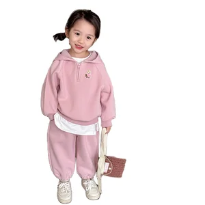 Custom Girls Clothing Sets Casual Two-Piece Hoodie Sweat Suit with Cute Cartoon Embroidery Patch Print Pattern