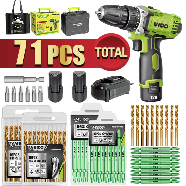 Vido 18v Power Craft Tools Lithium Battery Cordless Drill And Impact