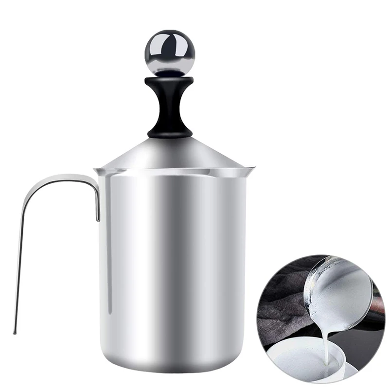 400ML Manual Milk Frother Stainless Steel Double Mesh Milk Creamer Milk  Mesh Coffee Foamer Creamer (Silver)