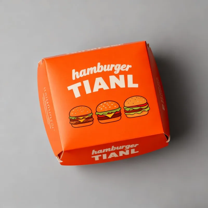 High Quality Hamburger Packaging Box Digital Printing Oil Proof Sandwiches Paper Box Biodegradable Orange Fast Food Paper Box Customized hamburger packaging boxes  Hamburger box factory  Paper box customization factory