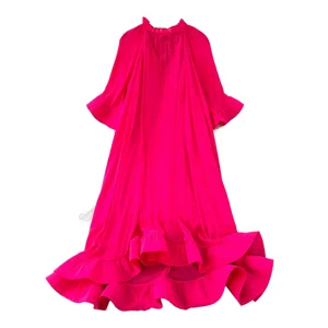 Luxurious Retro High-End Elegant LIng Casual Dress V-Neck Tie-Up Pleated Puffed Mid-Sleeve Ruffled Summer Midi Solid Natural