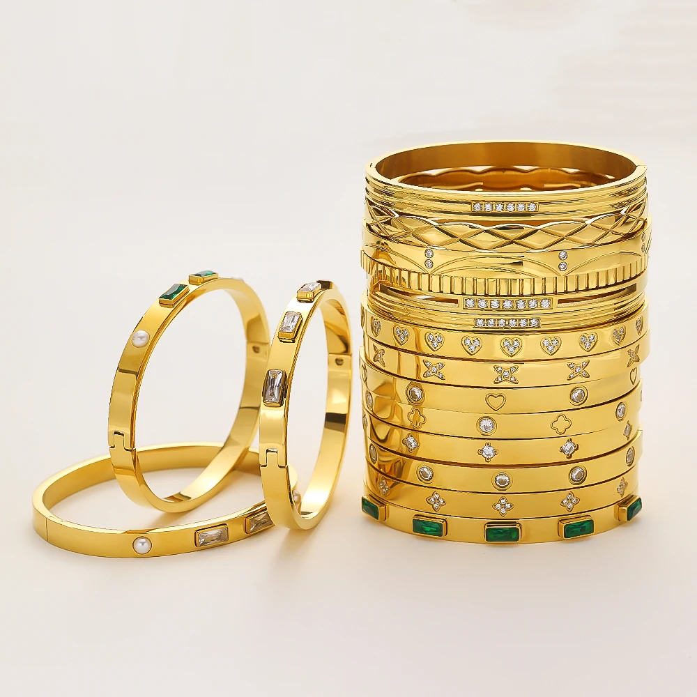 XIXI Acier Inoxydable Luxury New Design Zircon Non Tarnish 18k Gold Plated Stainless Steel Cuff Fashion Jewelry Bracelets Bangle