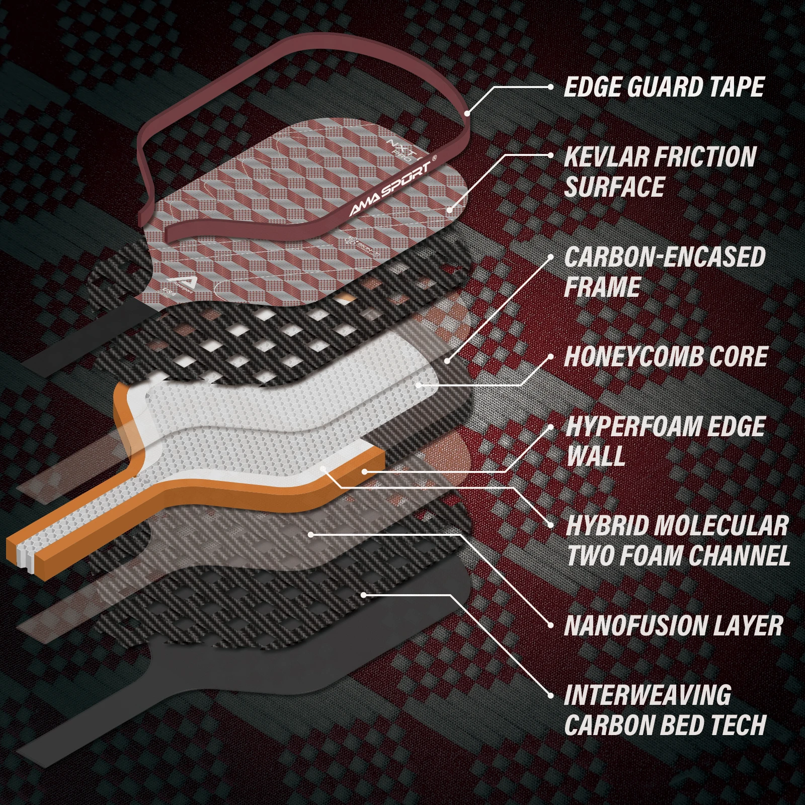 AMASPORT New Tech Kevlar New Design Customizable Sample Testing Available 16MM TItanium 3K T700 Carbon Fiber  Pickleball Paddle