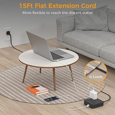 US Type Flat Plug Surge Protector Power Strip 5 ft Ultra Thin Extension Cord with 3 USB Wall Charger 1 USB C Port