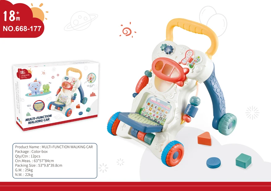 3-in-1 Infant Learning Walker Early Educational Baby Push Stroller with Music Activity Center Plastic Frame