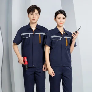 Men's Cotton Short-Sleeved Overalls for Summer Breathable Factory Electrician Suit Skin-Friendly Sanding Work Coverall for Auto