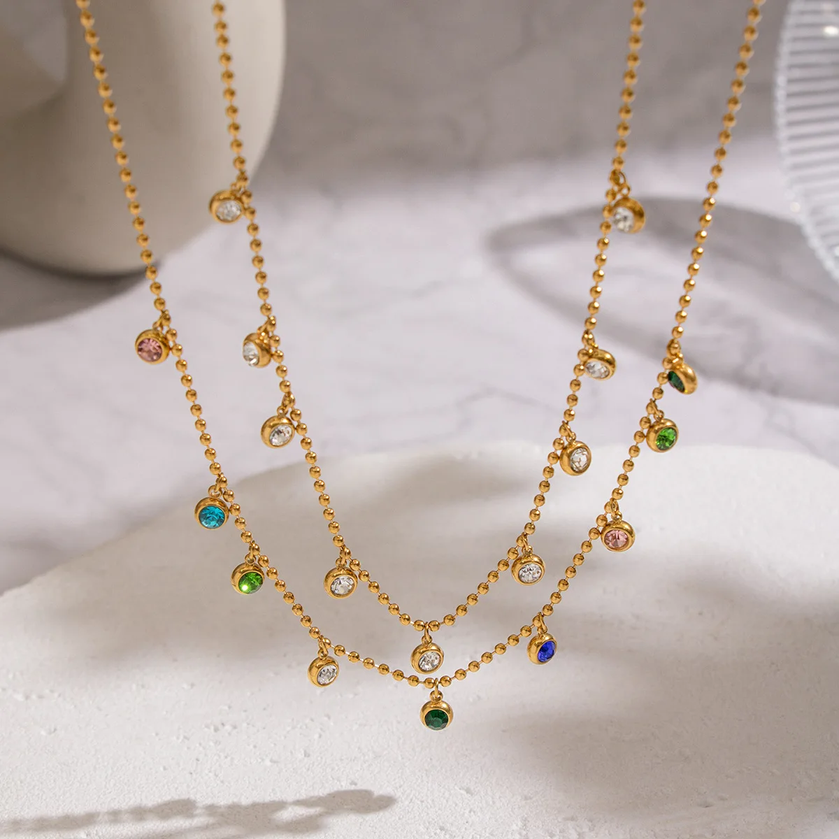 Cross-border Geometric Bead Chain Inlaid Zircon Double-Layer Necklace Sweater Chain Niche High-End Party 18K Gold Plated