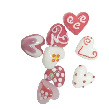 Handmade red and white heart shaped glass beads with pattern necklace beads