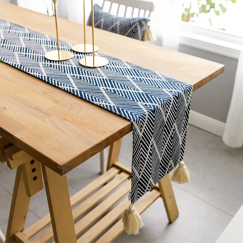 Cheap Minimalist Boho Style Cotton Polyester Blend Navy Blue Table Runner for Kitchen Table Decoration