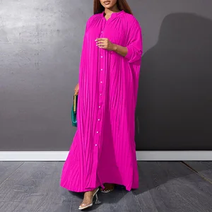 2025 Hot-selling Long Dresses Women Casual Single Breasted Long Sleeve Stand Collar Pleated Maxi Dress Ladies Plus Size Dresses