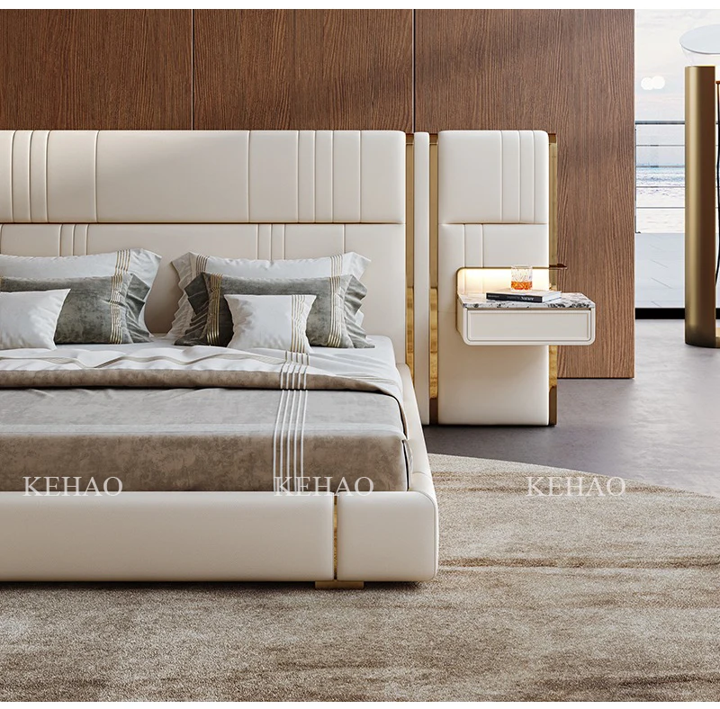 New Style Modern Luxury Villa Leather Bed With Nightstand Double Bed