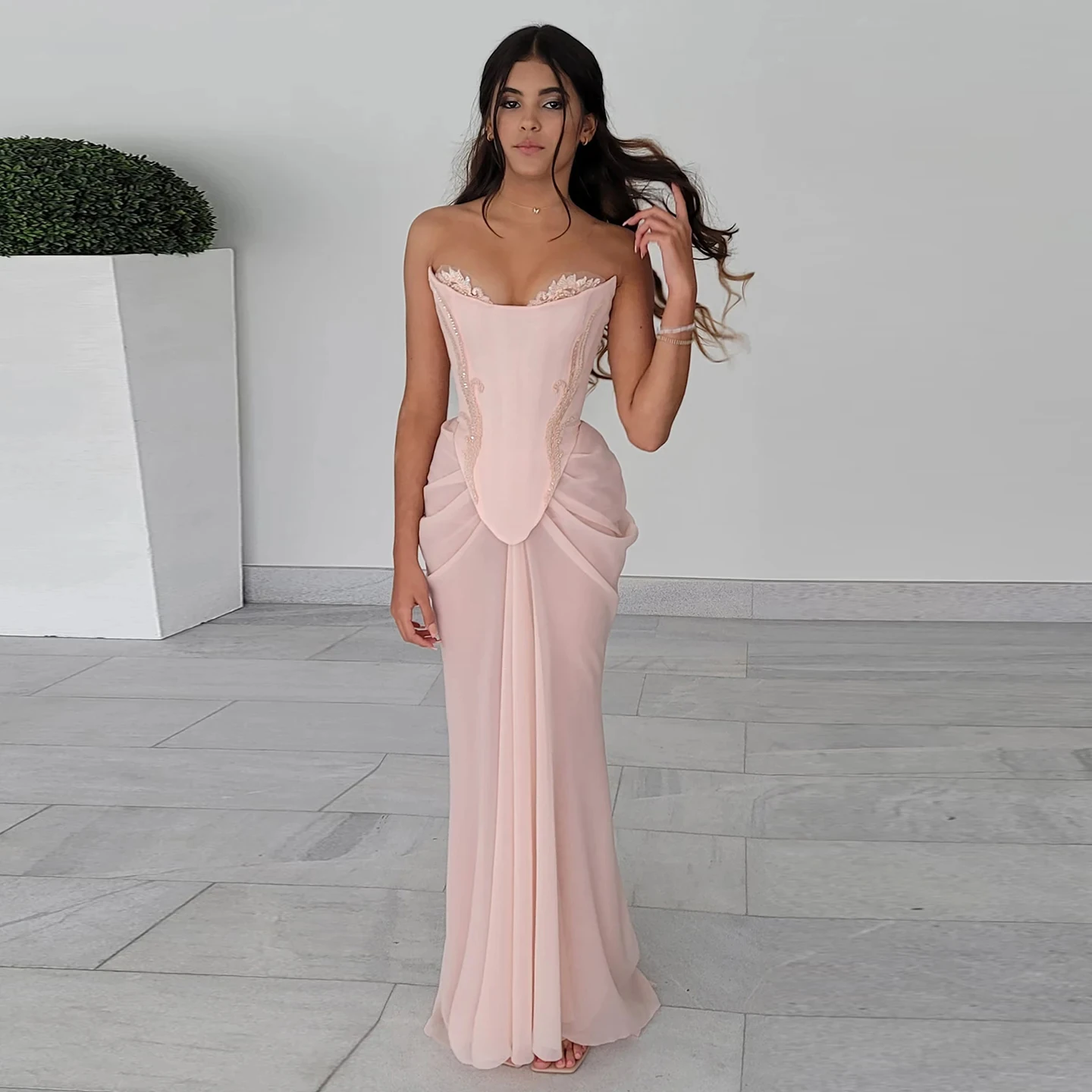 blush beaded bridesmaid dresses Pink Handmade Draped Chiffon Mermaid Evening Corset Wedding Formal Party Dress Sz220 Style:Default Up Embellishment Taylor Swift Makes Appearance drop-0426