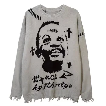 Custom Logo Men's Distressed Jacquard Sweater 100% Cotton Winter Knitwear Pullover Crew Neck OEM Manufacturer