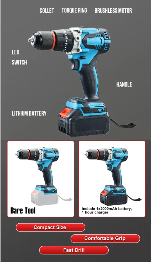 21v Cordless Battery Impact Drill Power Drill Drive Kit Brushless ...