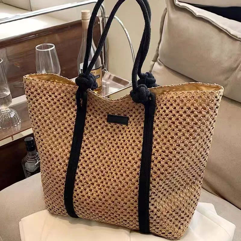 Natural Paper Straw Crochet Handmade Tote Bag Fashion Lady Beach Bag With Rope Handle