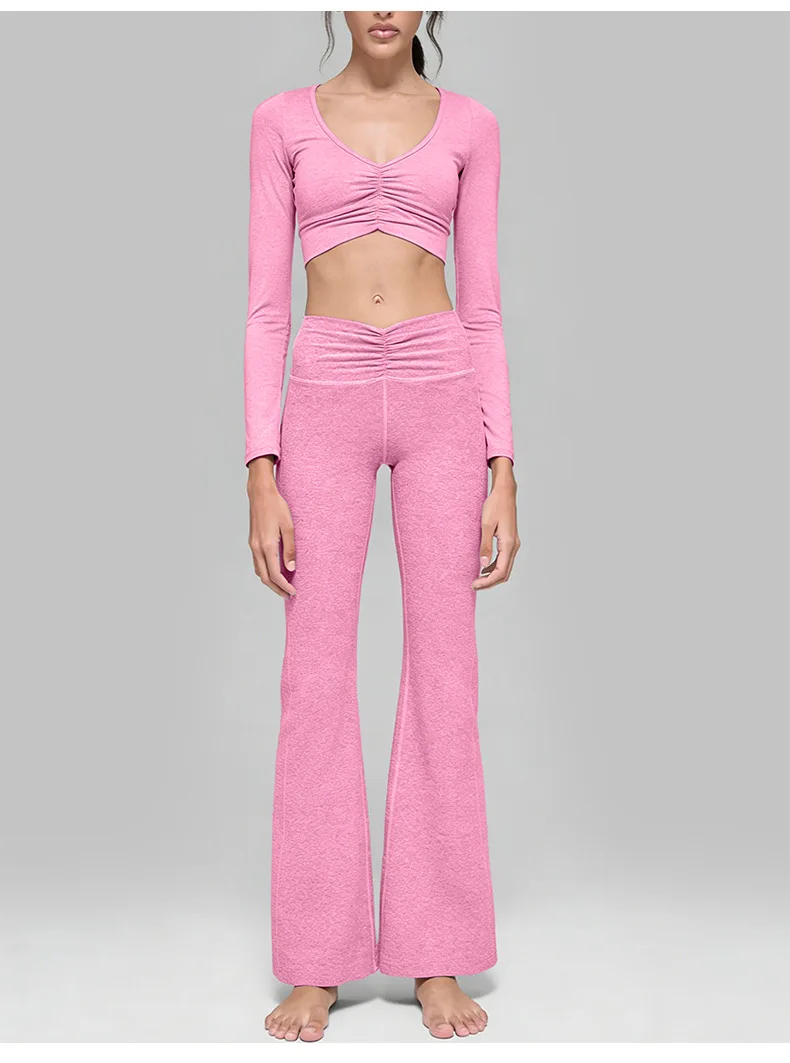 Cationic Active Stretch Yoga Set Ruched V Neck Long Sleeve Crossover Waist Flared Leg Pants — detail