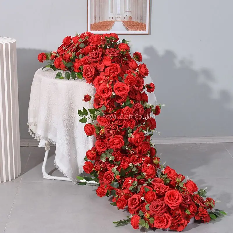 Customized Artificial Silk White Rose Flower Row Table Runner Wedding ...