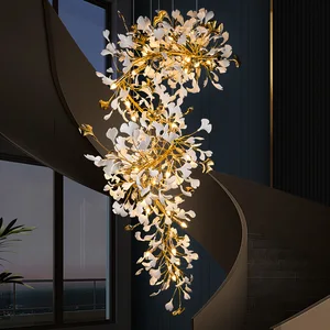 Luxury Gold LED Loft Stair Chandelier Large Ginkgo Leaf Lamp Living Room Lobby Duplex Building Hanging Pendant Home