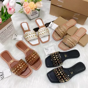 Wholesale Female Brand Summer Beach Slippers Slides for Women's And Ladies Luxury Pearl Sandals Flat Shoes High Quality