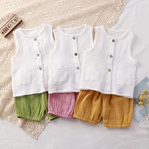 Muslin Solid Baby Clothing Sets Casual Summer Two-Piece 100% Cotton Breathable Vest Short Outfit