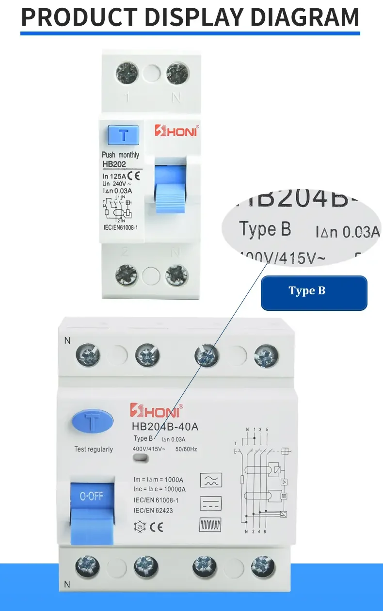 HONI HB202B HB204B 2P 4P TYPE B RCCB ELCB 10KA 30MA 32A 40A 63A 125A Residual Current Circuit Breaker Rcd