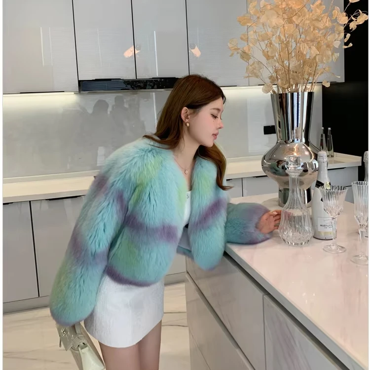 Chaqueta recortada de piel de zorro azul mezcla personalizada