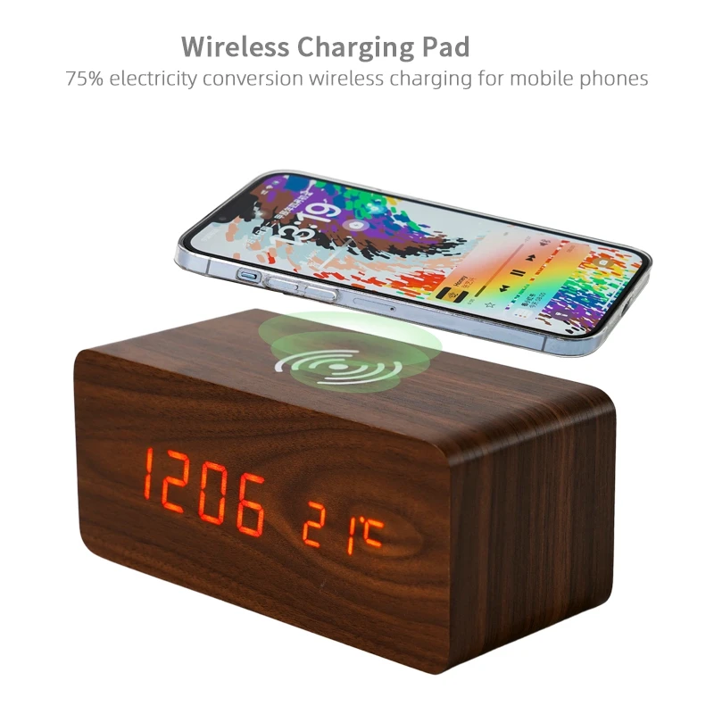Beautiful Unique Alarm Clocks Adjustable Brightness Wooden Temperature Display Bedside Digital Alarm Clock with Charging