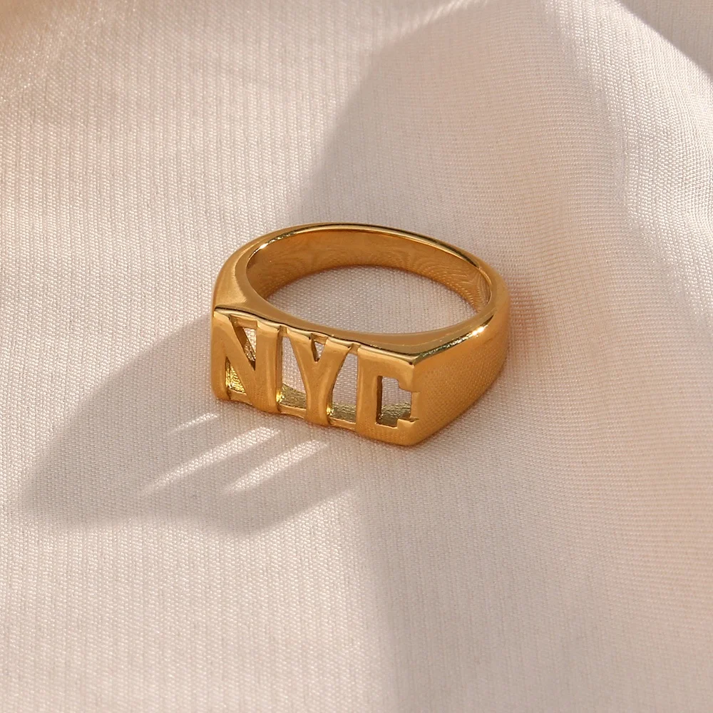 Dreamshow Initial Letter NYC Signet Ring Gold Plated Stainless Steel Rings Jewelry Women