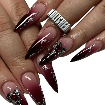 Fashionable Long Stiletto 3D 24pcs With Rhinestone Nails Full Cover French False Nail Supplies Soft Gel Press on False Nails Set