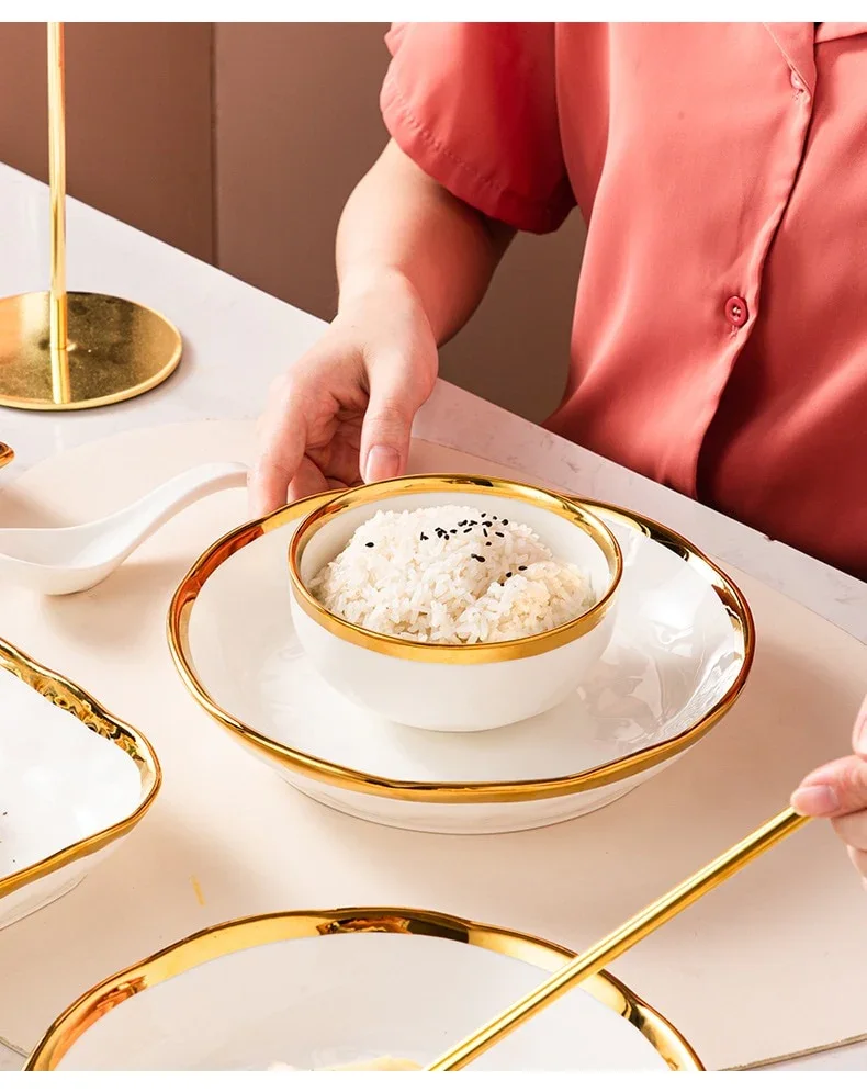 Nordic Style Luxury High Quality Ceramic Tableware Dishes and Plates Bowls Gold Rim Porcelain Dinner Set Ceramic Dinnerware Set details