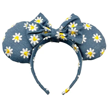 New denim embroidered Daisy mouse ear headband for women