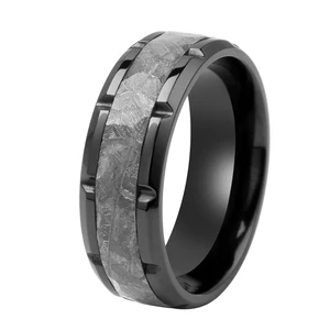 Tizti 8mm Hammered Real Meteorite Black Tungsten Carbide Ring Titanium Wedding Ring Black Zirconium Meteorite Rings for Man