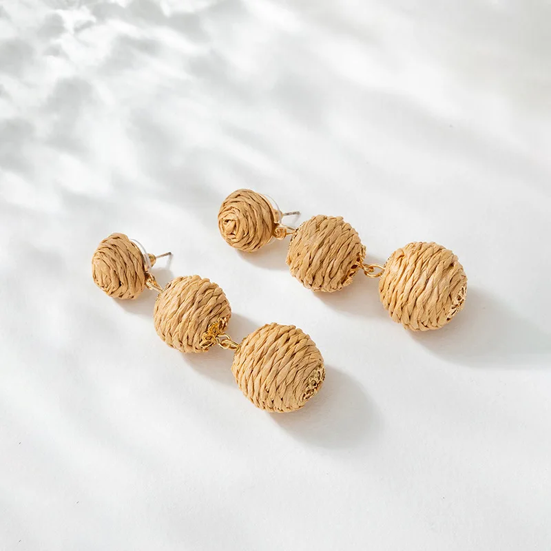 Statement Rattan Wrapped Big Ball Drop Earrings Elegant 30mm Raffia